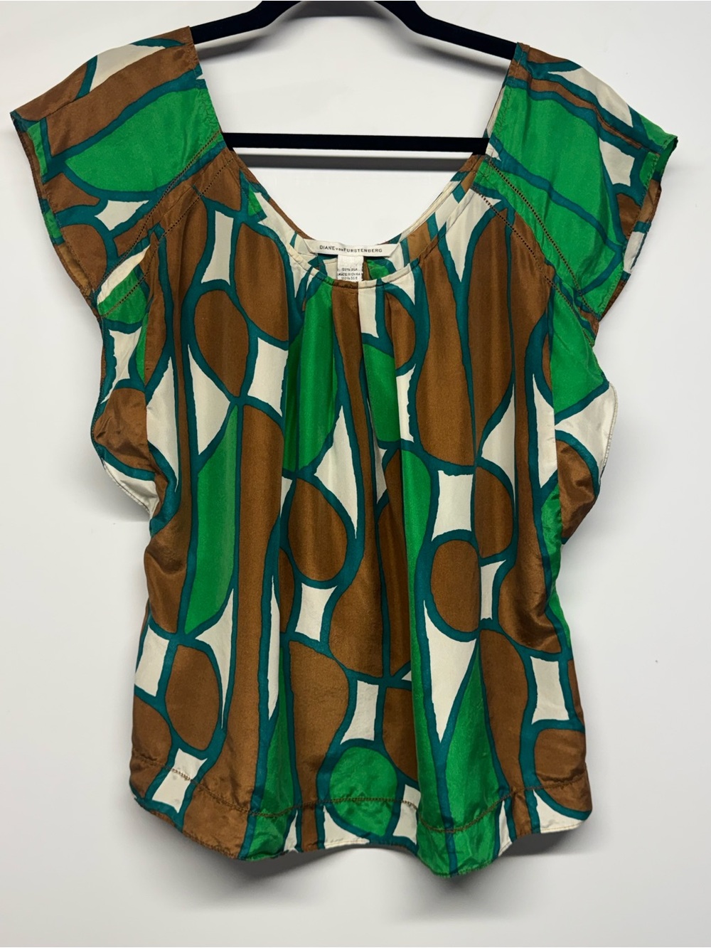 Abstract Print Flutter Sleeve Top - Green/Brown - DVF silk 6